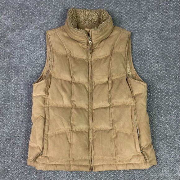 LL Bean Goose Down Puffer Vest Women's Medium Petite Tan Sherpa Collar Full Zip - Picture 2 of 10